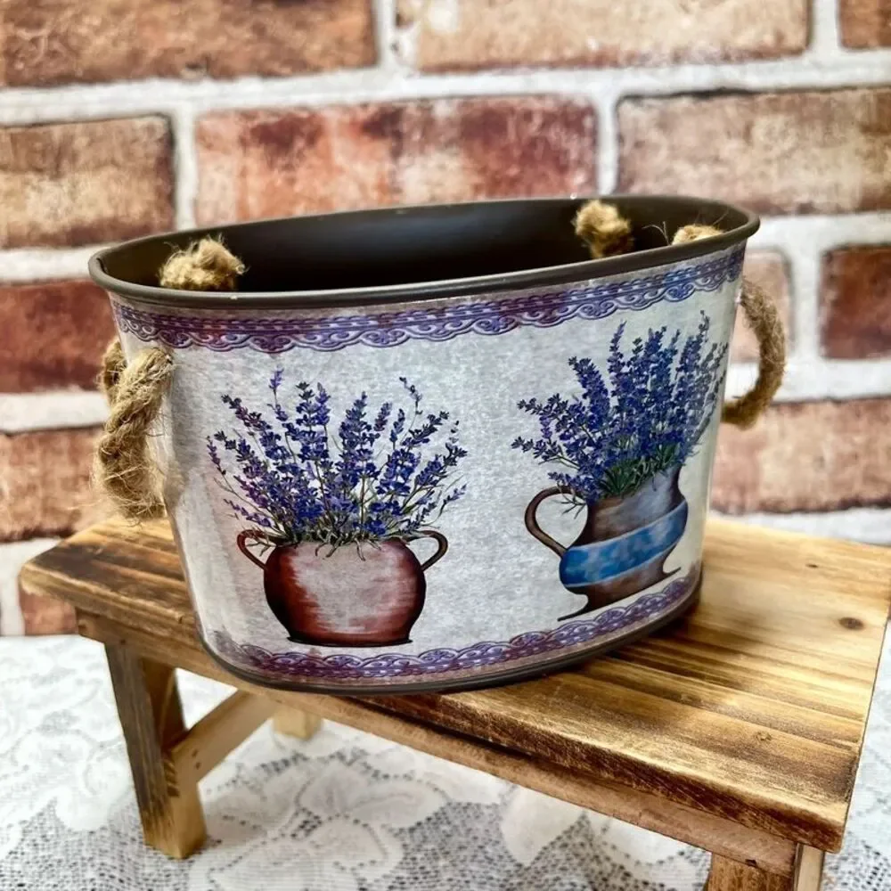Rustic French Country Style Oval Metal Bucket Planter Lavender Floral & Rope Han